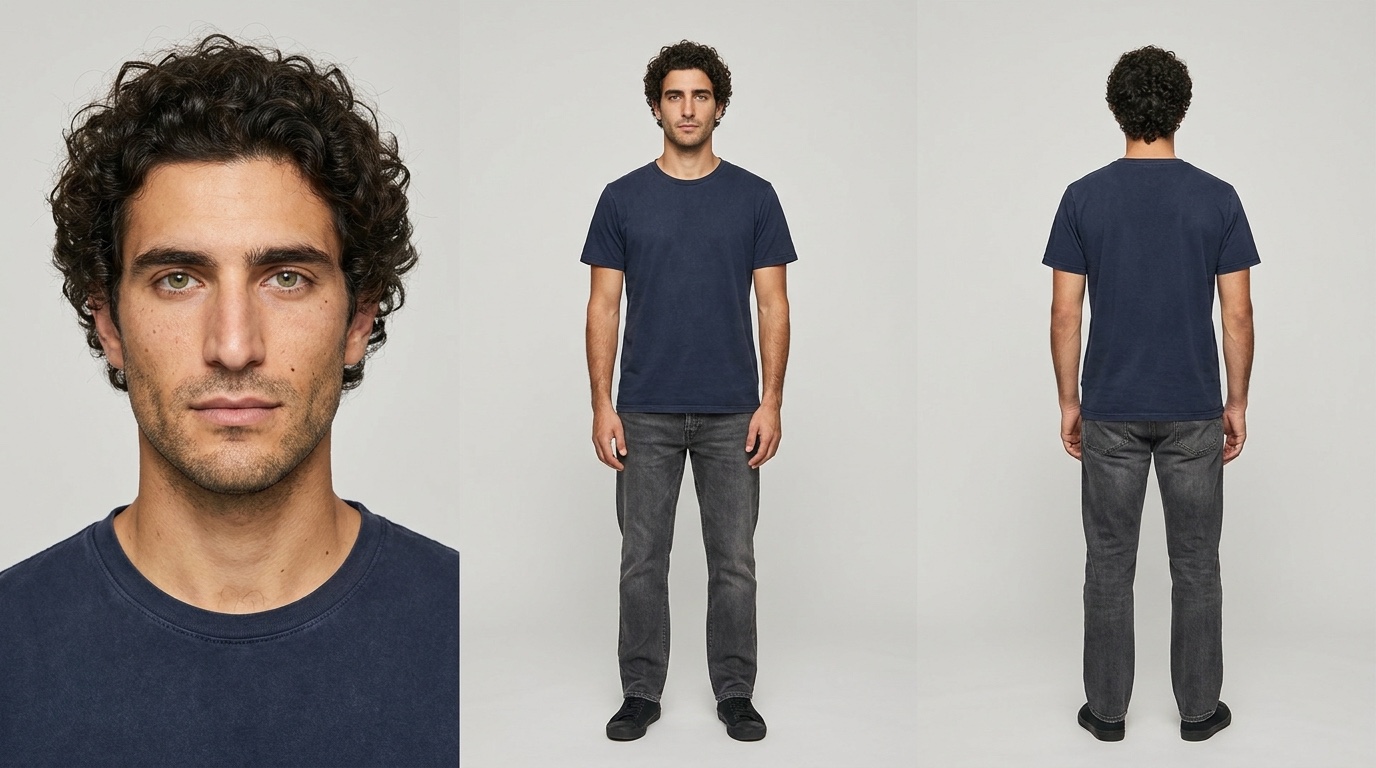 Character sheet of the same curly-haired man: face close-up, full body front, full body back